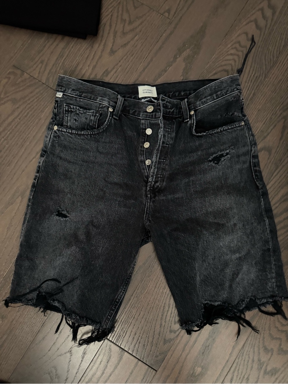 Citizens of humanity High-Rise Distressed Black Denim Bermuda Shorts - Picture 3 of 4